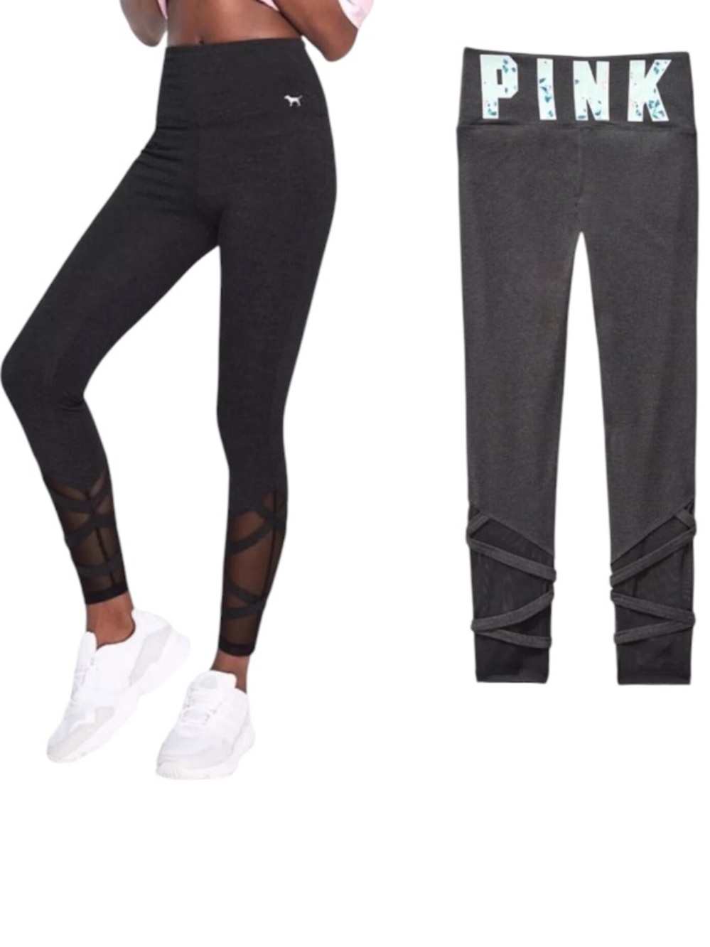 PINK Dark Gray Strappy Floral Logo Athletic Leggings